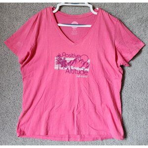 Life is Good Women's S/S V Neck Tshirt Positive Altitude Mountains Pink Size XL